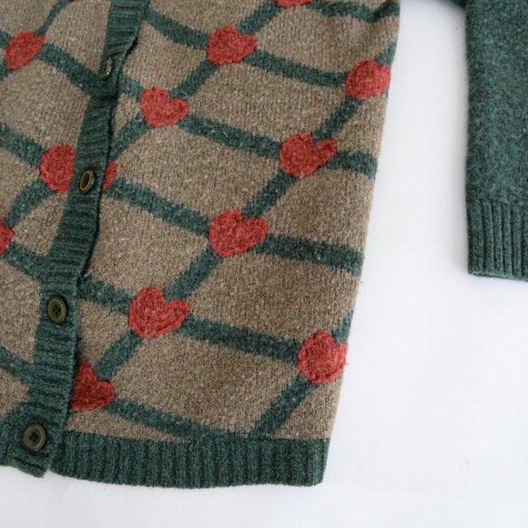 Vintage Fasilli Green & Tan w Red Hearts Knit Button Up Cardigan Sweater Size S - Picture 6 of 11